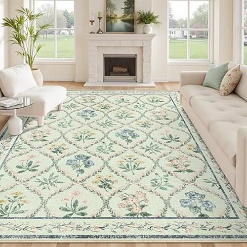 8x10 Washable Rug for Living Room,Green Floral Rugs for Bedroom,Boho Large Non Slip Ultra-Thin Distressed Farmhouse Carpet for Kids Playroom, Classroom, Girls Dorm, Nursery, Green Mult