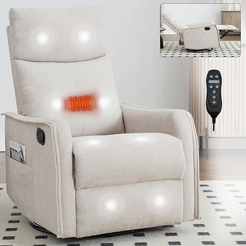 Anwick 360° Swivel Rocker Recliner Chair with Heat and Massage, Manual Upholstered Recliner for Small Spaces, Fabric Glider Nursery Chair with Side Pockets for Living Room (Beige)