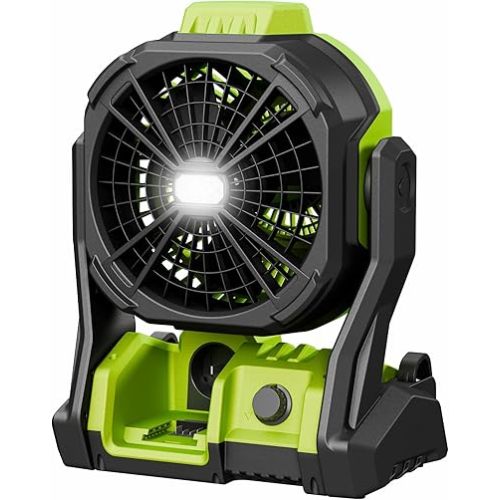 Battery Operated Fan, for DeWalt 20V Max Battery, Camping Fan Cordless, Option for Corded, with LED Lights, Variable Speed, Hook for Hanging, for Jobsite, Lime(Bare Tool Only)