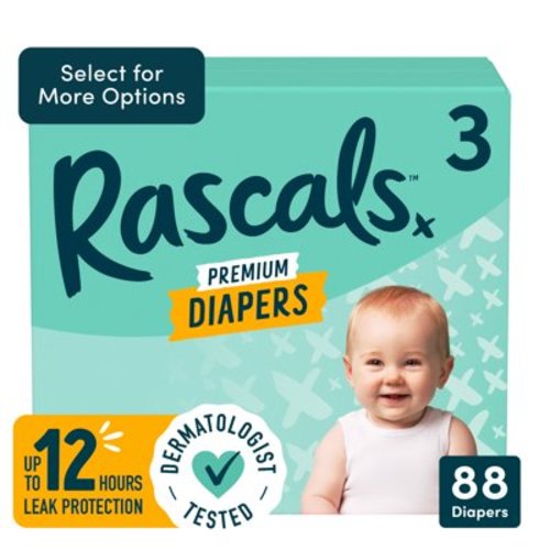 Rascals Premium Night Time Baby Diapers, Size 3, 88 Count