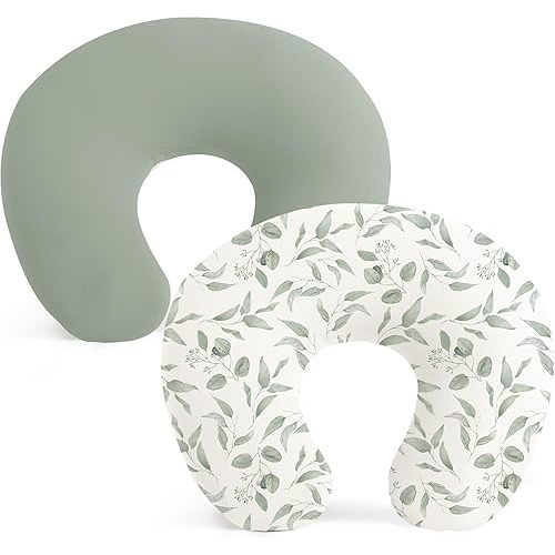 Konssy 2 Pack Nursing Pillow Covers, Stretchy and Soft Nursing Cover for Breastfeeding Pillows, Pillow Slipcover for Baby Girls Boys Newborn (Green, Green Leaves)