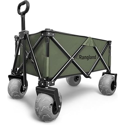 Beach Cart with Big Air Wheels for Sand - All Terrain Sand Wagon with Large Pneumatic Rubber Tires, Folding Design, Heavy-Duty Steel Frame (Green)