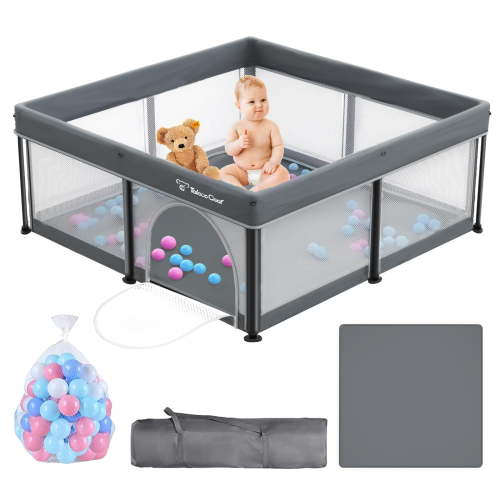 Foldable Baby Playpen with Mat, Collapsible Play Pen for Babies and Toddlers, Indoor & Outdoor Kids Safety Play Pen, Portable Play Yard with 50 Ocean Balls, 50"×50", Gray