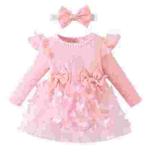 IBTOM CASTLE Newborn Baby Girls Butterfly Tutu Dress Long Sleeve Romper Tutu Skirt + Headband 2PCS Winter Fall Clothes 0-3 Months Pink