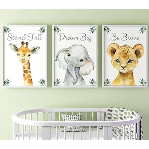 Baby Safari Animals for Girl or Boy Nursery Bedroom, Set of 3 Unframed Wall Art Prints, Jungle Leaves Quote Posters, Nursery Decor Gift, Giraffe Elephant Lion, Stand Tall Dream Big Be Brave (12x16)