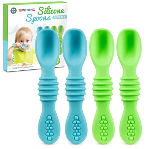 Silicone Baby Spoons for Baby Led Weaning 4-Pack, First Stage Baby Feeding Spoon Set Gum Friendly BPA Lead Phthalate and Plastic Free, Great Gift Set (Blue) - CDXV-2