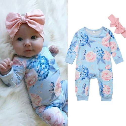 Hirigin Newborn Infant Baby Girl Floral Romper Bodysuit Jumpsuit+Headband Clothes Outfit, Blue, 0-6 Months