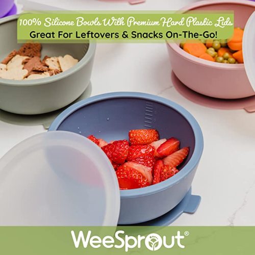 WeeSprout Suction Bowls for Baby & Toddlers (Set of 2) - 100% Silicone w/Plastic Lid - Leak Proof Feeding Supplies - Dishwasher & Microwave Safe Infant Dinnerware w/Extra Strong Base - Bright Blue + Bright Green