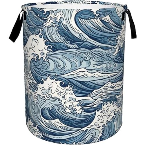 Japanese Waves Collapsible Laundry Basket,Abstract Sea Wave Bedroom Waterproof Laundry Hamper,Bathroom Large Storage Bag,College Dormitory Living Room Nursery Organizer Toy Bin 16" x 20"