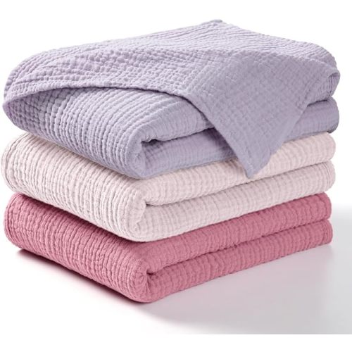 lulumoon Muslin Swaddle Blanket Baby - Cotton Swaddling Blanket Soft Baby Receiving Blanket Neutral 3Pack(Pink+Purple)