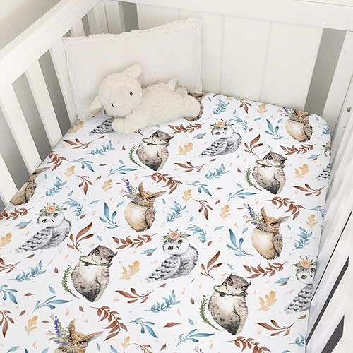 Watercolor Owl Flowers Leaves Baby Crib Fitted Sheet 52''x28'' Cute Owl Birds Floral Stretchy Fitted Crib Mattress Sheet for Boy Girl Soft Baby Nursery Bed Sheet for Standard Crib Toddler Mattress