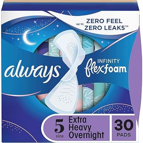 Always Infinity Feminine Pads for Women, Size 5 Extra Heavy Overnight, with Wings, unscented, 30 Count