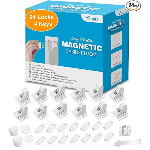 Vmaisi Adhesive Magnetic Locks for Cabinets & Drawers (24 Pack and 4 Keys + Cradle)