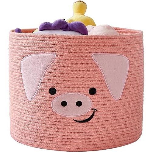 OMERAI Animal Baskets Cotton Rope Storage Basket Woven Toy Basket Large Basket for Blankets Cute Pig Basket with Handles Foldable Animal Laundry Basket Nursery Basket Organizer, 15"D x 12.6"H, (Pink)