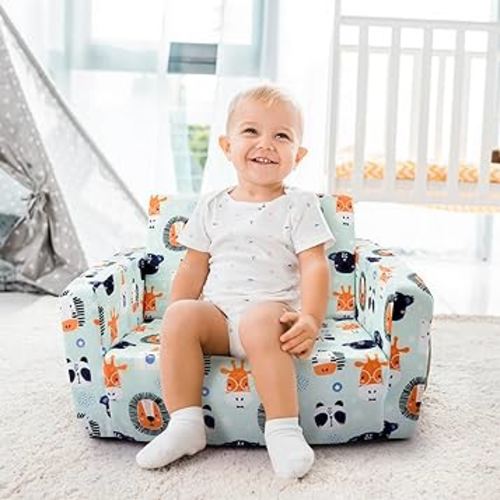 Kids Sofa, Comfy 2-in-1 Toddler Couch Fold Out, Convertible Sofa to Toddler Lounge Chair for Boys and Girls (Animal, Blue)