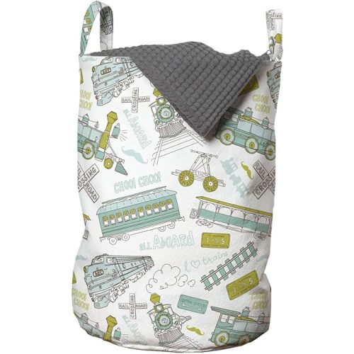 Ambesonne Steam Engine Laundry Bag, Choo Choo Train Pattern and Number Signs Vintage Travel Theme Print, Hamper Basket with Handles Drawstring Closure for Laundromats, 13" x 19", Apple Green Turquoise