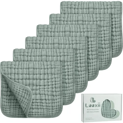 Looxii Muslin Burp Cloths 100% Cotton Muslin Cloths Large 20''x10'' Extra Soft and Absorbent 6 Pack Baby Burping Cloth for Boys and Girls (Dark Green)