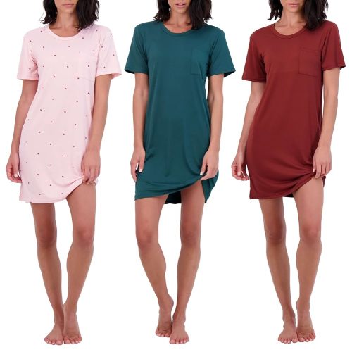 Real Essentials 3 Pack: Women's Printed Nightshirt Short Sleeve Ultra-Soft Nightgown Sleep Dress (Available In Plus Size)