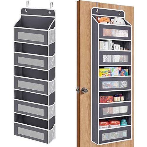 JARLINK Over The Door Organizer, 5 Shelf Door Hanging Organizer with 5 Large Pockets, 44 lbs Weight Capacity Hanging Storage for Bathroom, Bedroom, Nursery, RV, Pantry (Dark Grey)