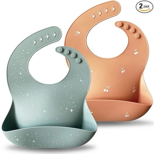 Moonkie Silicone Baby Bibs Set of 2, BPA Free Waterproof Baby Bibs for Eating, Soft Adjustable Silicone Bibs for Babies 6-12 Months, Toddler Bibs with Large Pocket Food Catcher (Ether/Muted)