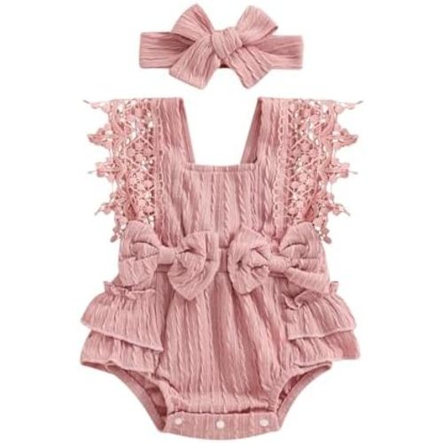 Douhoow Infant Baby Girl Plaid Romper Baby Short Sleeve Pleated Romper Bodysuit Summer Spring Outfits