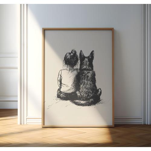 Girl and German Shepherd Nursery Print, Dog Nursery Decor, Baby Room Retro Poster, Dog Sketch Art, Neutral Dog Drawing, Girl Nursery Drawing