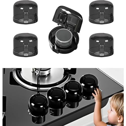 Kids Stove Knob Safety Cover, 5-Pack Baby Resistant Kitchen Oven Knob Lock, Universal Gas Burner Child Resistant（Black）