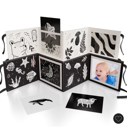 Soft Tummy Time Book with Baby-Safe Mirror - Black & White Montessori Toy with Crinkle & 20 High-Contrast Designs for Infant Development