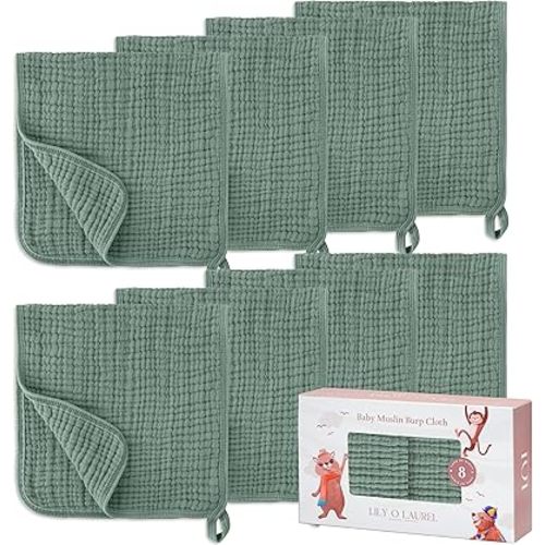 Muslin Burp Cloths, 20"x10"- Pack of 8, 6 Layers Super Soft Absorbent & Breathable 100% Cotton for Baby Drool and Messes, Burp Cloth Baby Boy and Burp Cloths Baby Girl