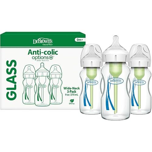 Dr. Brown's Natural Flow Anti-Colic Options+ Wide-Neck Glass Baby Bottles 9 oz/270 mL, with Level 1 Slow Flow Nipple, 3 Pack, 0m+