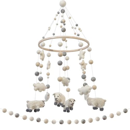 GLACIART ONE Baby Nursery Sheep Mobile for Crib & Felt Garland | Gender Neutral Mobile for Nursery Decor | Felt Hanging Sheep & Stars Room Decorations Handmade from Natural Wool | Great Gift Idea - Calming Sheep
