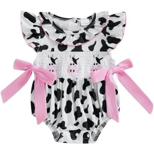 Emmababy Cow Print Smocked Romper Baby Girl Cow Clothes Western Short Sleeve Bodysuit Bow Jumpsuit Newborn Cowgirl Outfit