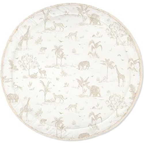 MakeMake Organics Organic Play Mat GOTS Certified Organic Cotton Nursery Floor Rug Washable Reversible Non Toxic Quilted Animals Leopard Spots (Round 48", Safari + Wild)