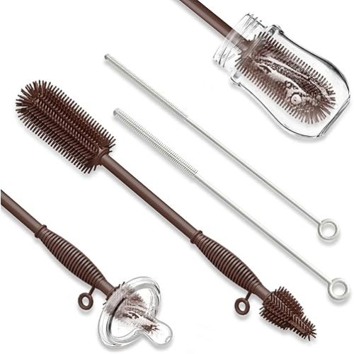 Silicone Baby Bottle Brush and Straw Cleaner Brush Set, All-Round Cleaning Long Water Bottle Brushes, Reusable Silicone Cleaning Brush and Dish Brush, Hangable Cup Brush (Brown+Rock White)