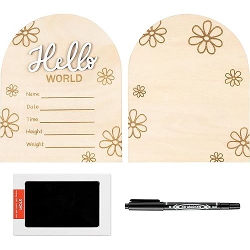 R HORSE Baby Birth Announcement Sign with Marker Pen, 3D Wooden Hello World Birth Sign with Ink Pad for Hand and Footprints, Double-Sided Daisy Newborn Name Announcement for Baby Shower Keepsakes