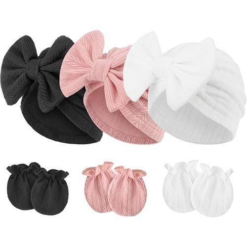 Newborn Baby Hats and Mittens Set Infant Bow Beanie Cap Toddler Gloves Newborn Hospital Hats for Baby Boy Girl 0-12 Months