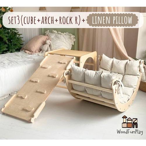 Set 3 items with Pillow: Cimbing cube+Rock Ramp+Climb Arch+Pillow, Climbing Frame, Montessori furniture Toodler 1 st bday gift Climber Cube