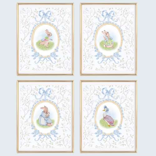 Set of 4 Watercolor Peter Rabbit and Mother Goose Art Prints // Grandmillennial art // Preppy