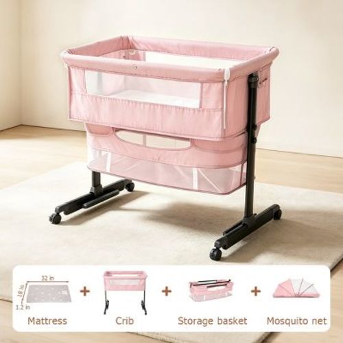 Kmaier Baby Bassinet 3 in 1 Foldable Portable Crib,6 Adjustable Height,with WheelsBaby Bassinet Rocking-,Pink