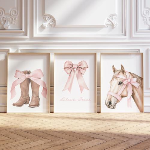 Pink Coquette Cowgirl Nursery Wall Art Set of 3 - Digital Download Horse, Cowgirl Boots, Personalized Name Print with Pink Bow