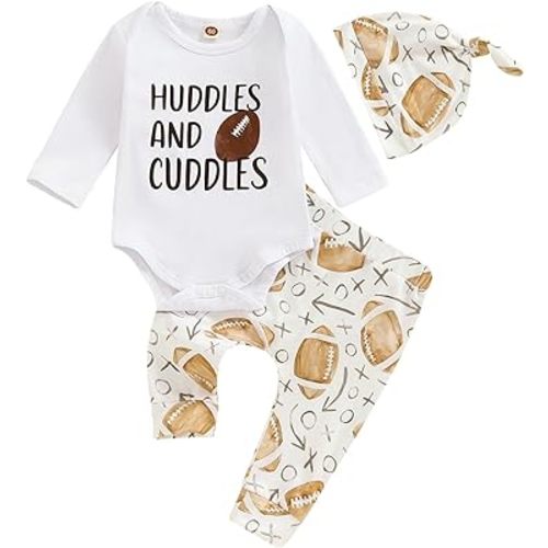 Chloefairy Newborn Baby Boy Football Outfit My First Game Day Romper Football Jogger Pants Set Hat Fall Coming Home Outfit (White, 6-12 Months), White, 6-12 Months