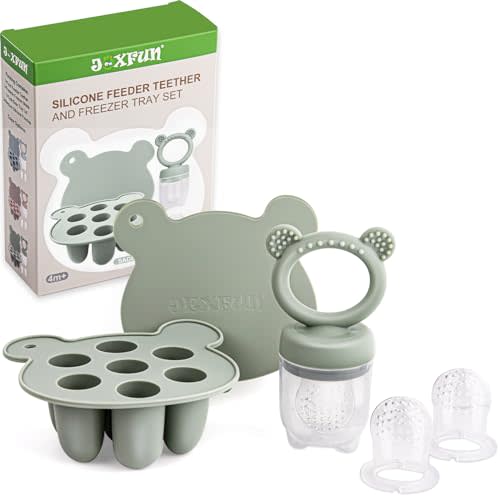 Silicone Baby Fruit Food Feeder & Mini Freezer Nibble Tray, Breastmilk Popsicle Molds for Baby Teething Relief, BPA Free Silicone Teething Toys Feeder for Safe Infant Self Feeding, Extra Food Pouches