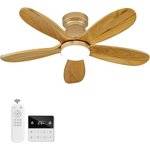 36 Inch Flush Mount Ceiling Fans with Lights and Remote, Dimmable, Wall Switch, 5 Blades Wood Ceiling Fan with Light, Low Profile Outdoor Indoor Modern Ceiling Fan for Bedroom Patio (Gold)