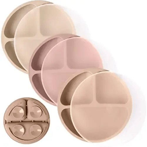 WeeSprout Suction Plates with Lids for Babies & Toddlers | 100% Silicone | Plates Stay Put with Suction Feature | Divided Design | Microwave & Dishwasher Safe | 3 Pack - Matte Tan, Off White & Pink - With Lids