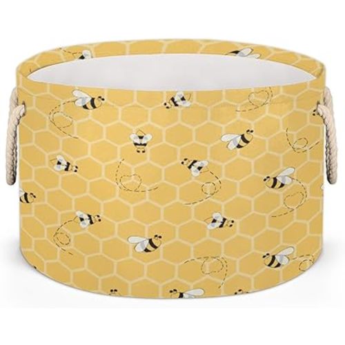 Cute Yellow Bee Large Storage Basket Honeycomb Bee Round Laundry Basket with Handle Organization Collapsible Storage Bins Box Hamper for Kids Toy Clothes Nursery Bedroom Living Room Decor