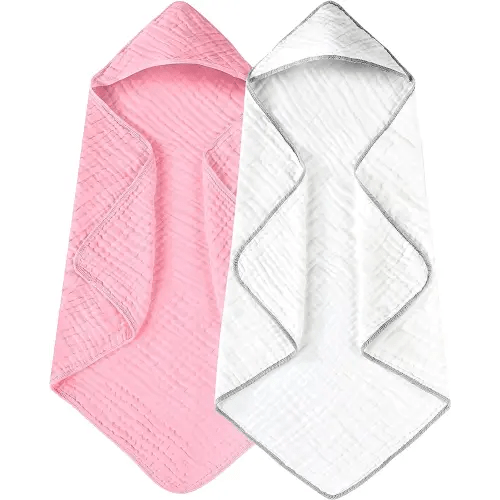 Yoofoss Hooded Baby Towels for Newborn 2 Pack 100% Muslin Organic Cotton Baby Bath Towel with Hood for Babies, Infant, Toddler and Kids, Large 32x32Inch, Soft and Absorbent Newborn Essential