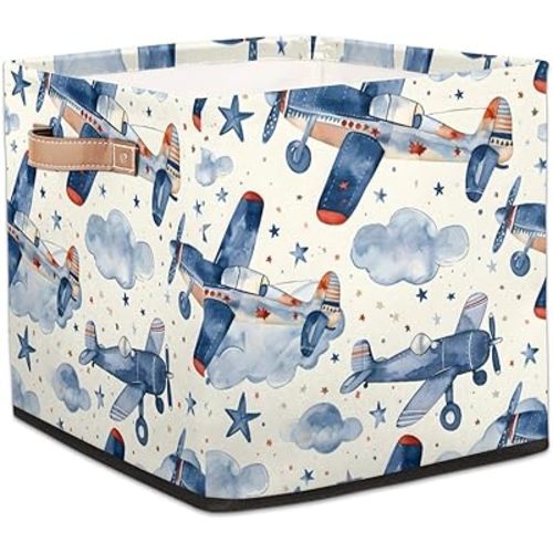Airplane Cube Storage Bin, 13 Inch Collapsible Fabric Storage Cube Bin, Aircraft Foldable Cube Baskets for Shelf, Closet, Organizer