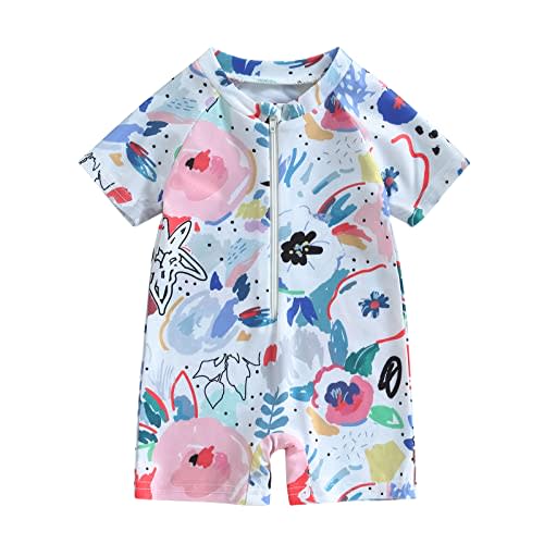 niceclould Toddler Boy Girl Short Sleeve One Piece Zipper Swimsuit Watercolor Swimwear Romper Jumpsuit Beach Bathing Suit
