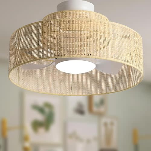 22” Bamboo DC Dimmable Ceiling Fan with Light and Remote Control,Boho Wooden Wicker Cage Rattan Bohemian Tropical Caged Wood Flush Mount Fandelier for Kitchen Indoor Bedroom