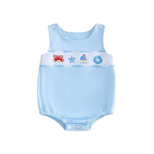 GOOCHEER Newborn Baby Boy Girl Summer Outfit Sailboat Lobster Smocked Bubble Romper Sleeveless Plaid Striped Bodysuit Clothes